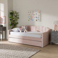 Baxton Studio CF9172-Pink Velvet Velvet-Daybed-TT Baxton Studio Lennon Modern and Contemporary Pink Velvet Fabric Upholstered Twin Size Daybed with Trundle